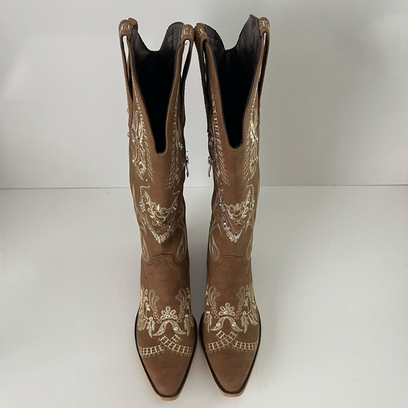 Wide Calf Knee High Embroidered Rhinestone Cowboy Boots Brown US 8 NWB - Picture 5 of 14